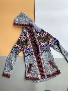 Girls' Hooded Fair Isle Knit Alpaca Jacket in Gray with Pink & Purple Accents